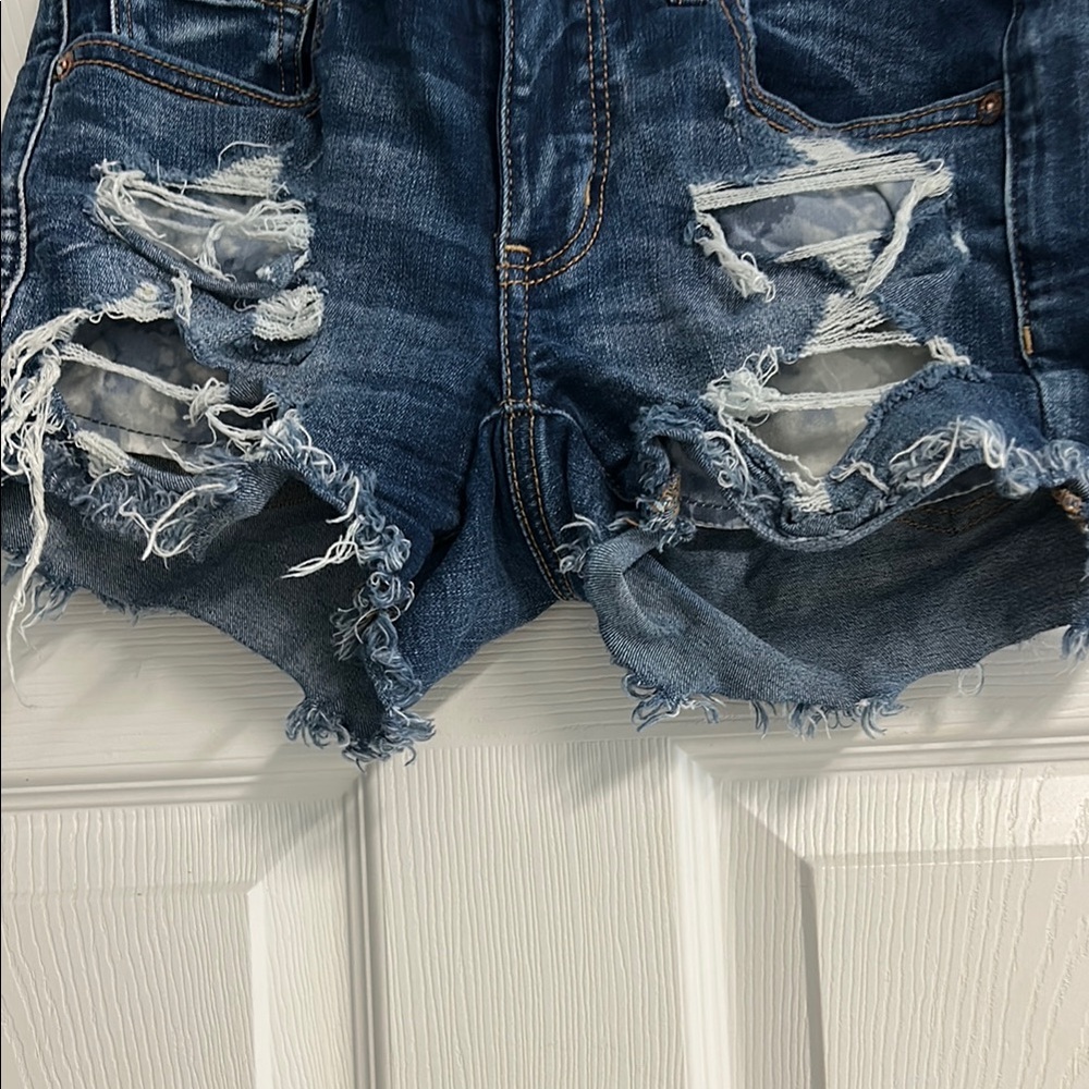 American Eagle Outfitters Women's Dark Blue Ripped Jean Shorts - Picture 5 of 17